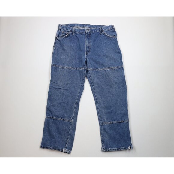 Vintage Y2K Dickies Mens 38x30 Distressed Spell Out Wide Leg Dungaree Jeans Blue